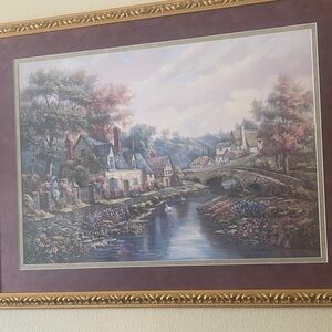 Tranquil Cottage River Art Print in Purple Tones